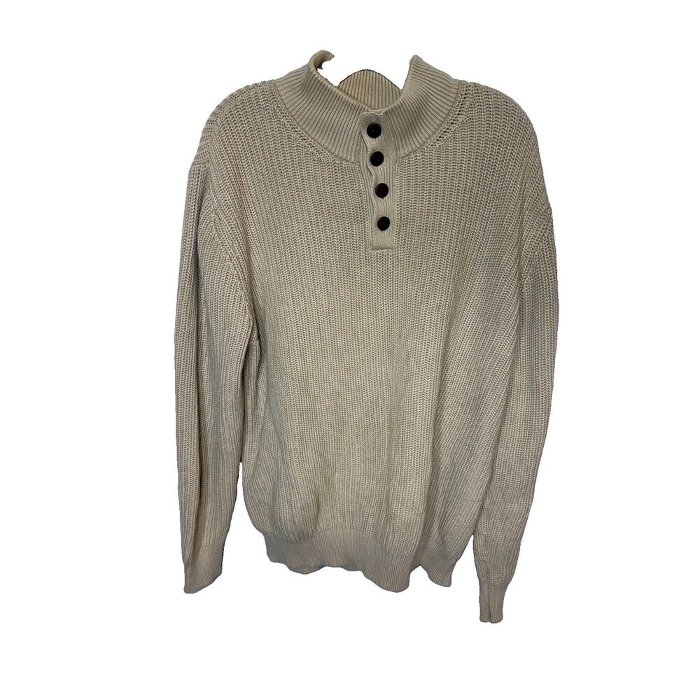 L.L.Bean Men's Sweater XL Reg Quarter Button Mock Neck Ribbed Cotton Beige
